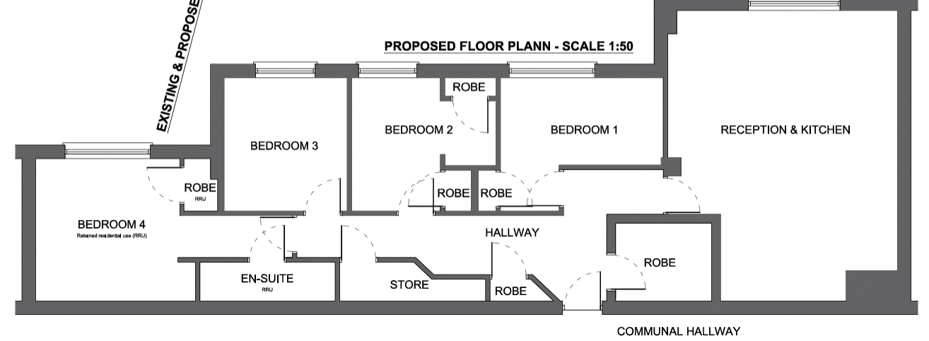 Proposed floor plan showing bedrooms, a bathroom and an open-plan kitchen and living area